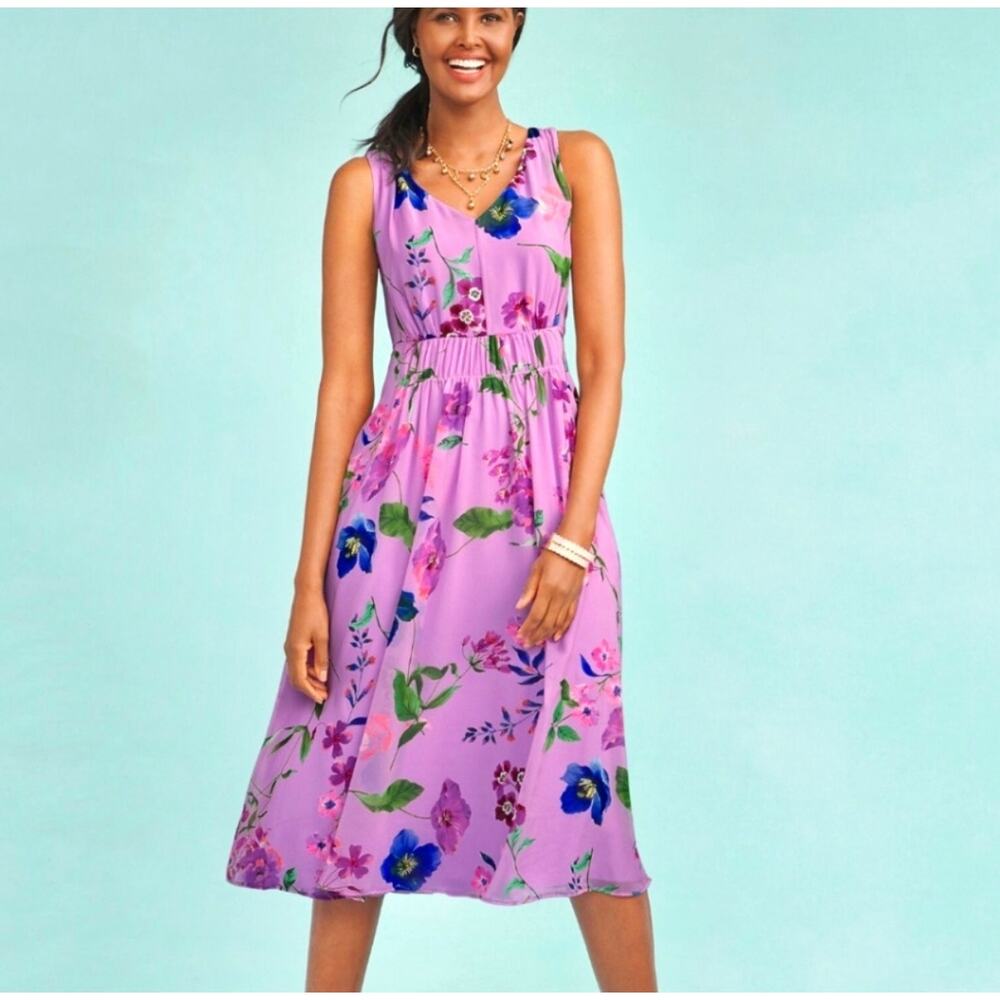 Talbots Petites Georgette Botanical Floral Dress Purple Size 10P Coquette